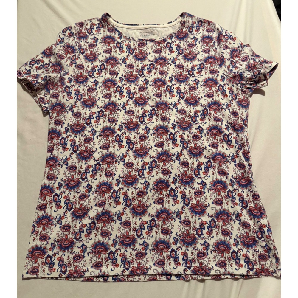 Talbots Tee Womens Large Floral Paisley Short Sleeve Cotton Stretch Crewneck Top